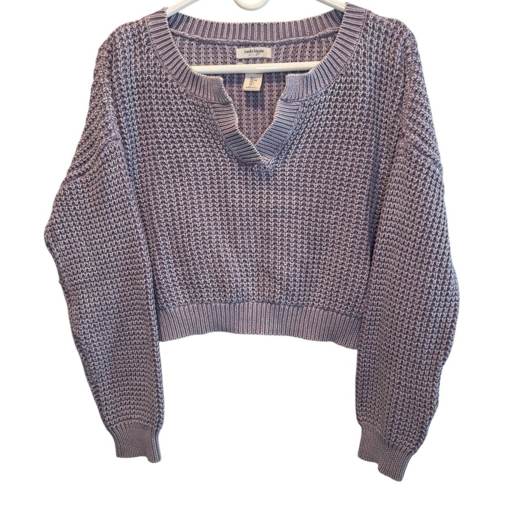 Haute Hippie Style Womens Purple Sweater Split Neck Waffle Knit Cropped L